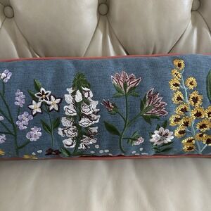 Vintage Garden Blooming Floral Embroidered Lumbar Pillow Blue Denim 36 x 9 inch